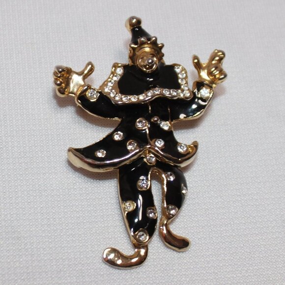 Source Unknown Jewelry - Vintage Clown Pin/Pendant w Articulated Legs Black Enamel & Rhinestones